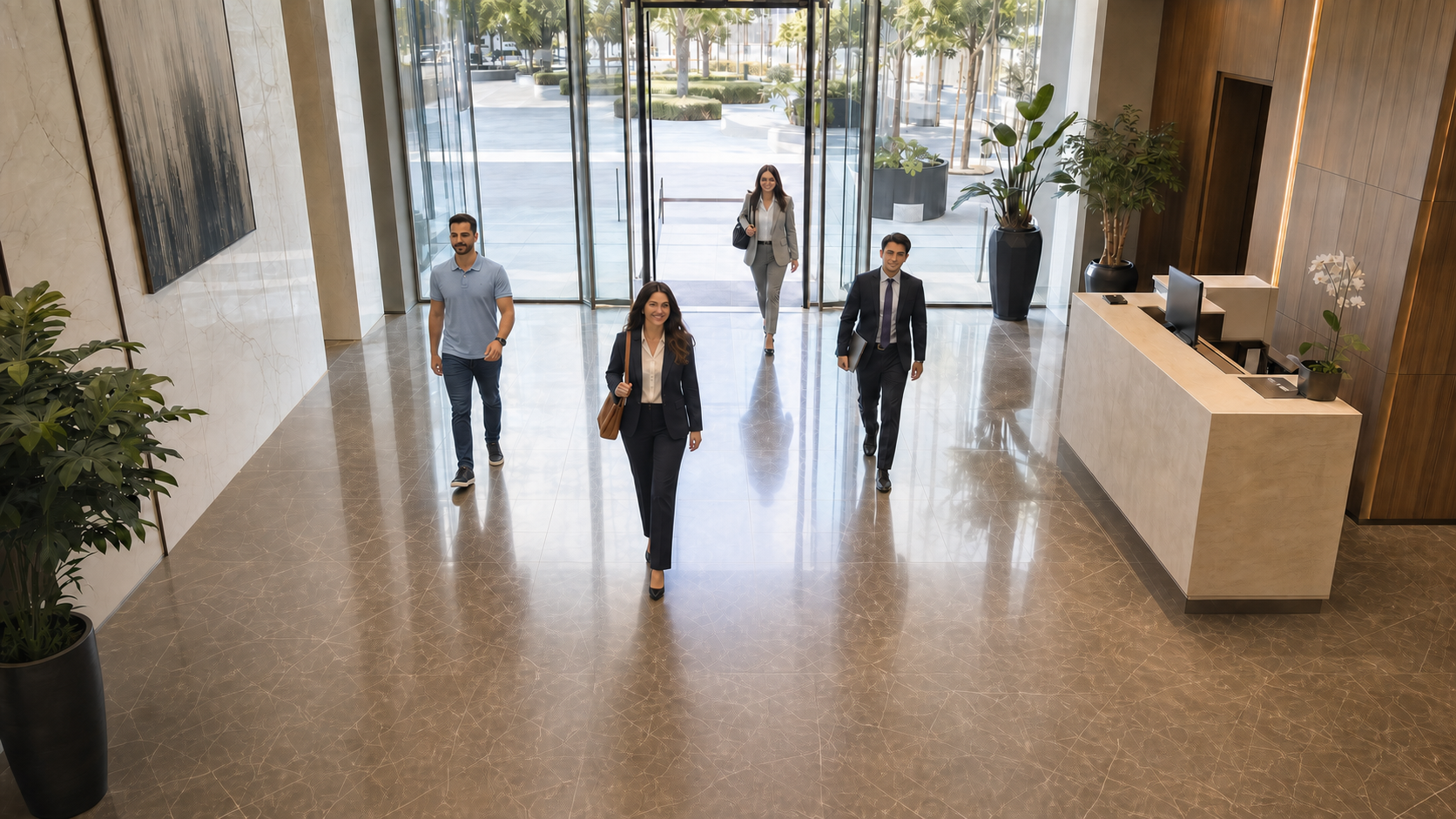 Employees entering an office lobby while GrandViz AI checks identity and uniform compliance