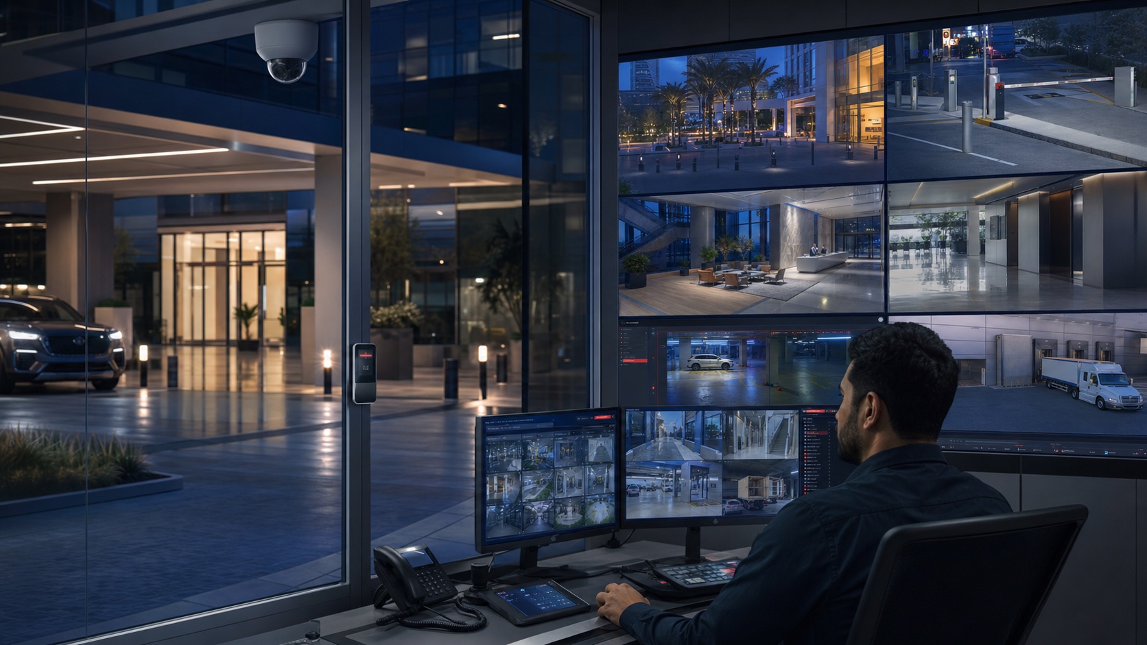 Professional security control room overlooking a modern building entrance with CCTV monitors