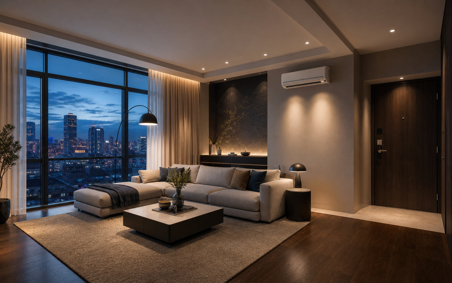 Realistic 3D visualization of the connected living room at dusk